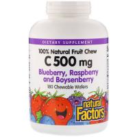 Natural Factors, Натуральный фруктовый витамин С, черника, малина и бойзенова ягода, 500 мг, 180 жевательных пастилок
